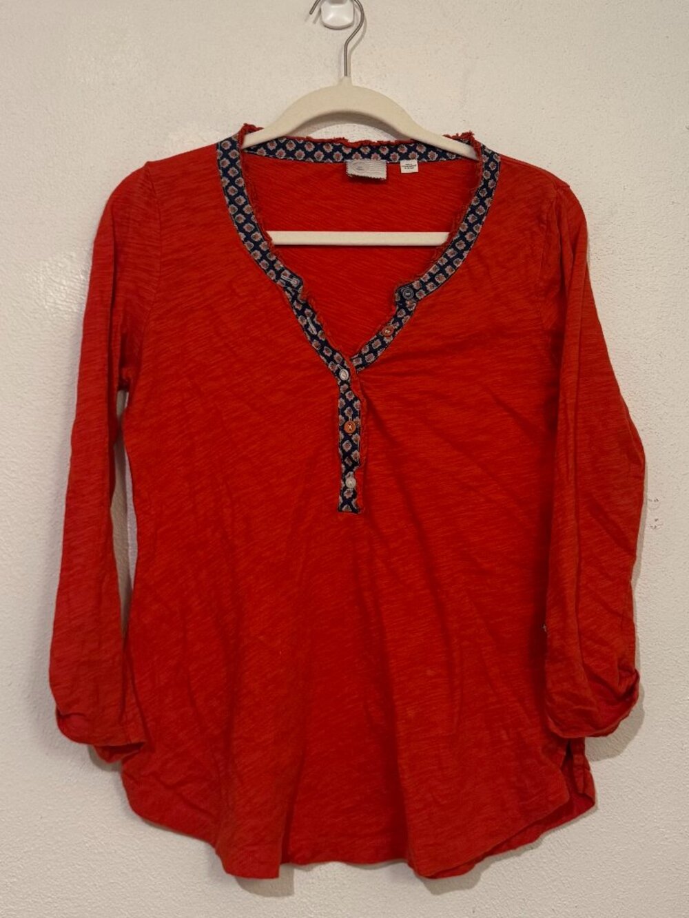 Postmark by Anthropologie Red Long Sleeve Pattern‑Trim Blouse – Size S